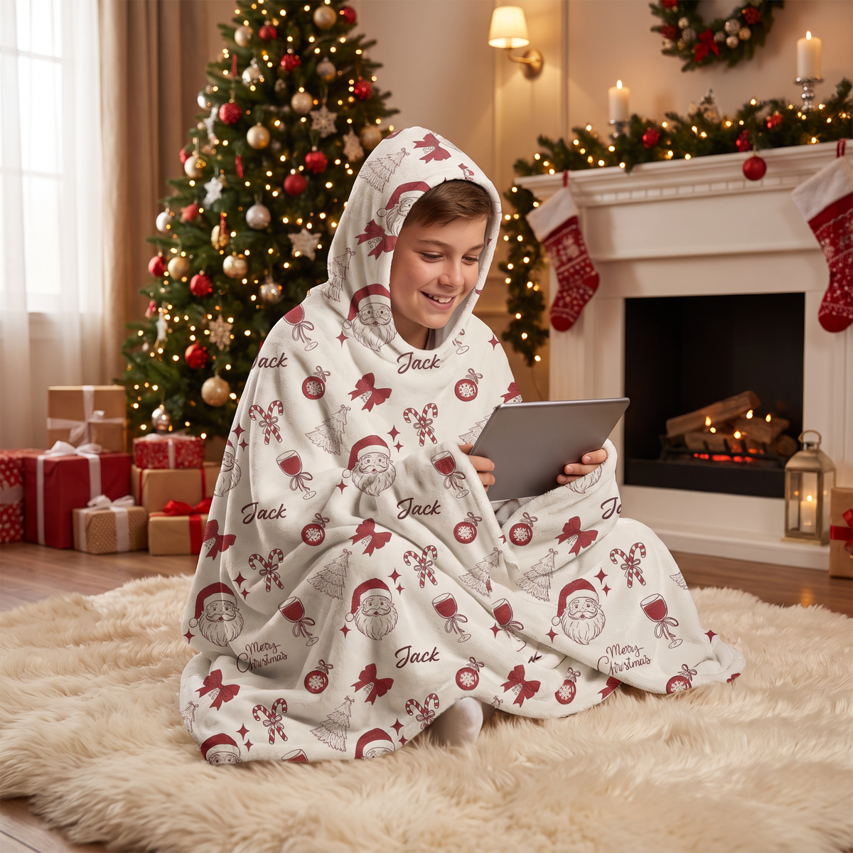 Custom name Santa candy cane bow pattern Christmas hooded blanket, view 3