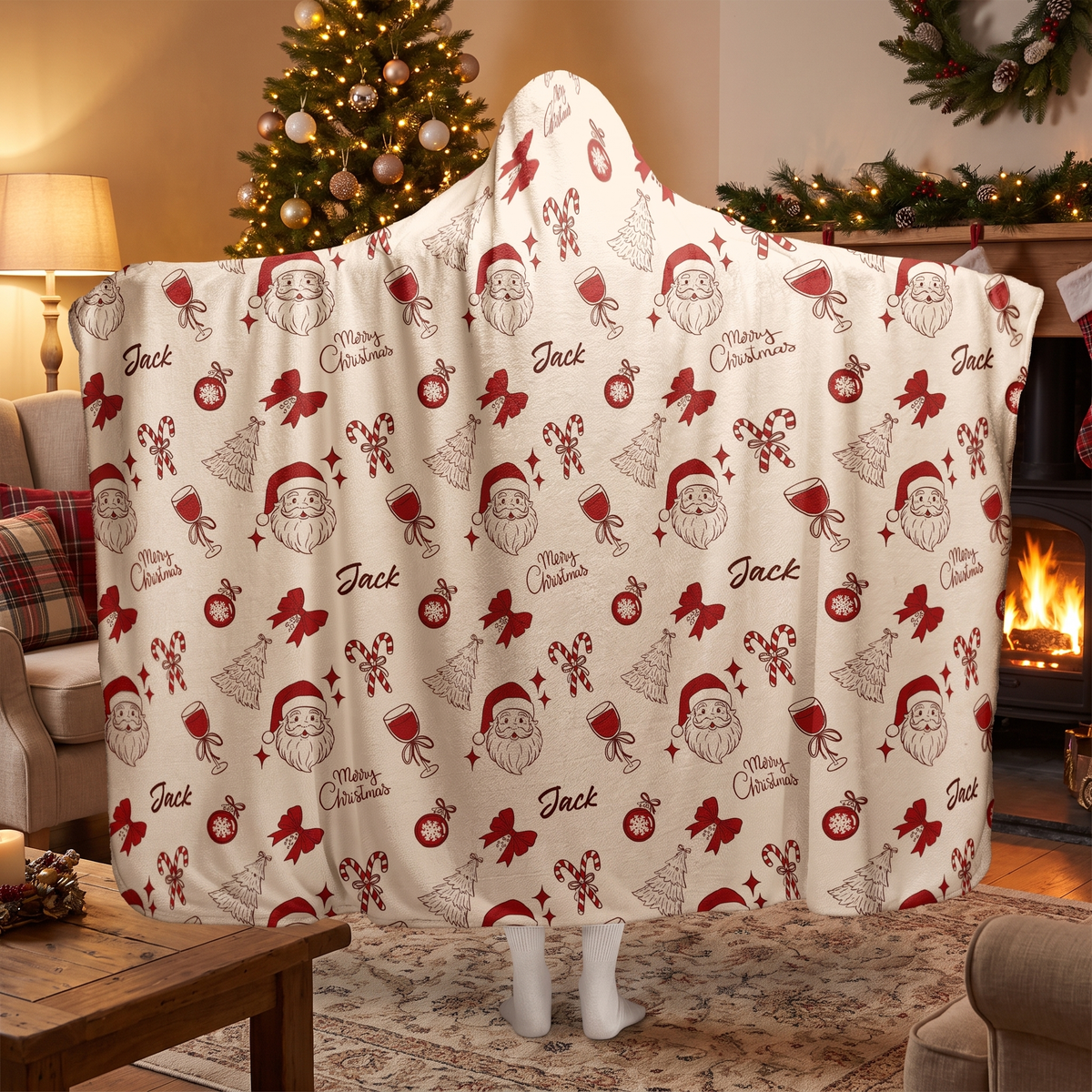 Custom name Santa candy cane bow pattern Christmas hooded blanket, view 5