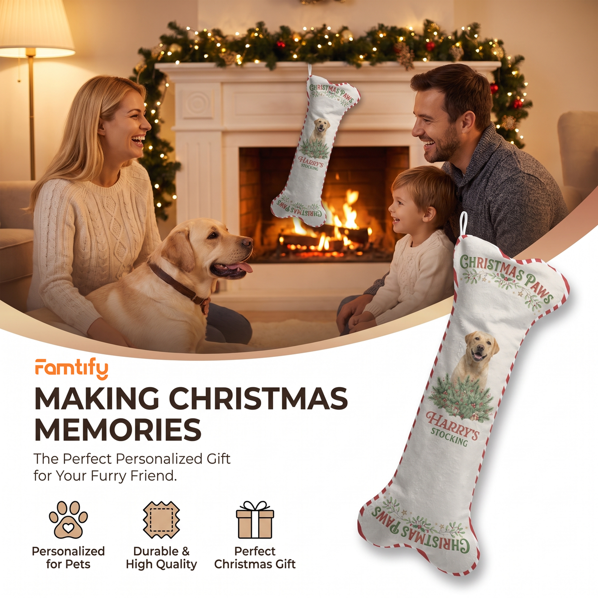 Personalized Christmas Paws Vintage Tree dog bone Christmas stocking, view 6