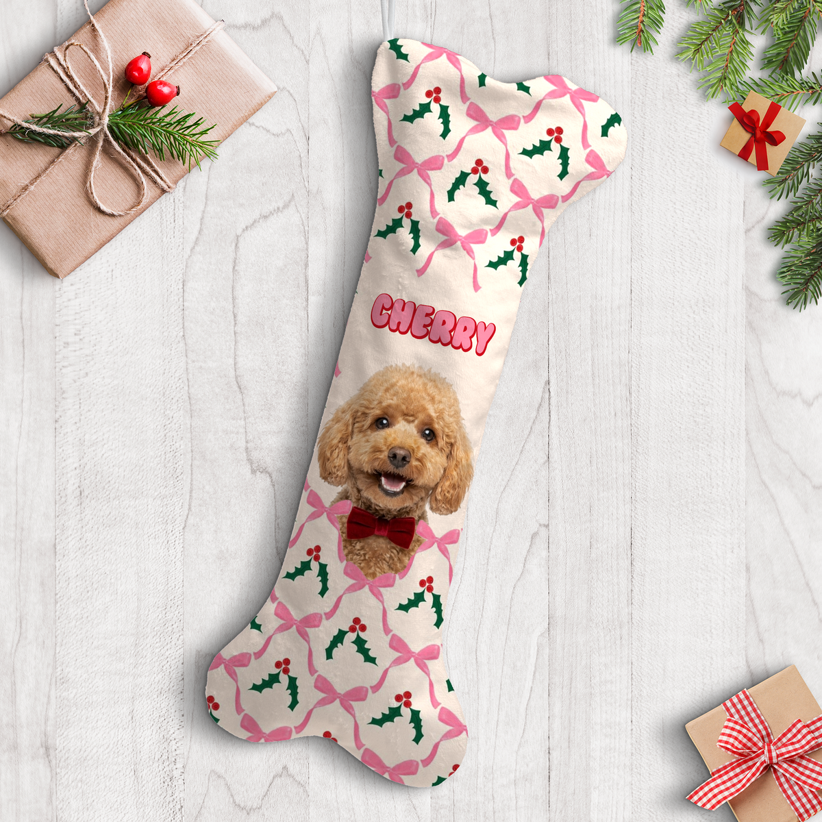 Personalized Holly Ribbon Bows dog bone Christmas stocking with custom dog photo and name