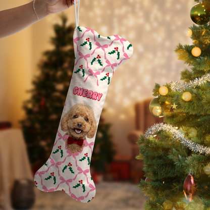 Personalized Holly Ribbon Bows dog bone Christmas stocking, view 2
