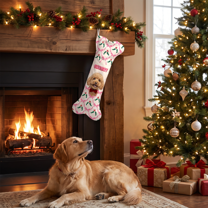 Personalized Holly Ribbon Bows dog bone Christmas stocking, view 3