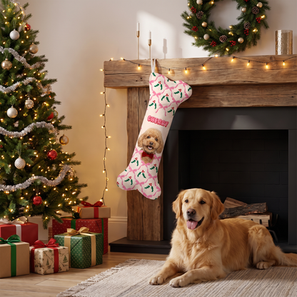 Personalized Holly Ribbon Bows dog bone Christmas stocking, view 4