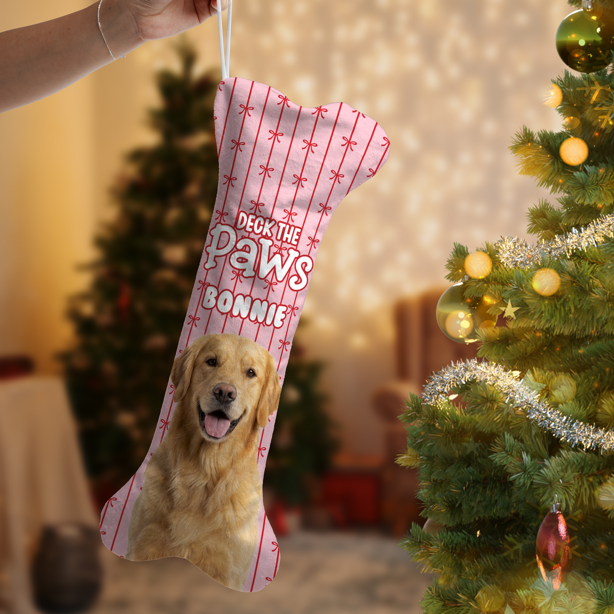 Personalized Deck The Paws Pinstripe dog bone Christmas stocking with custom dog photo and name