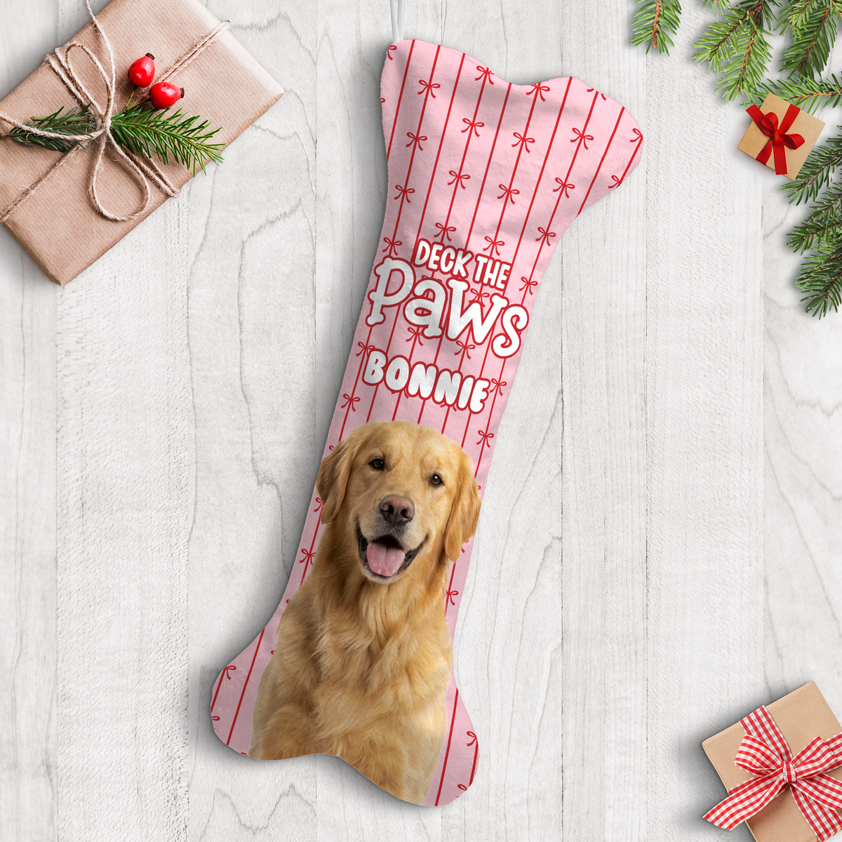 Personalized Deck The Paws Pinstripe dog bone Christmas stocking, view 2