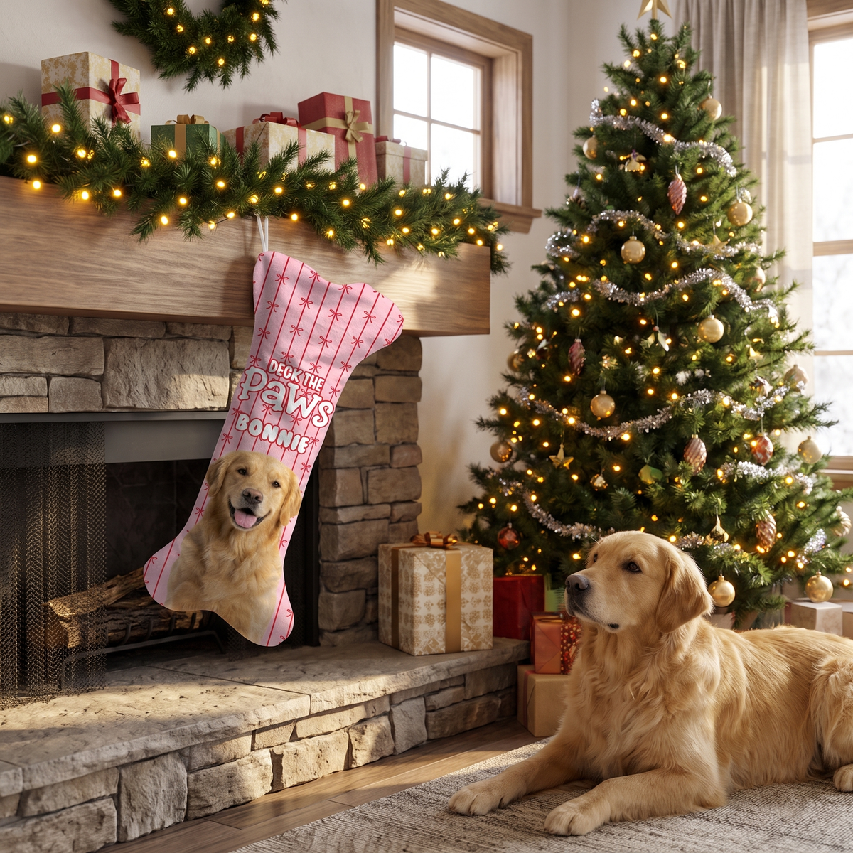 Personalized Deck The Paws Pinstripe dog bone Christmas stocking, view 3