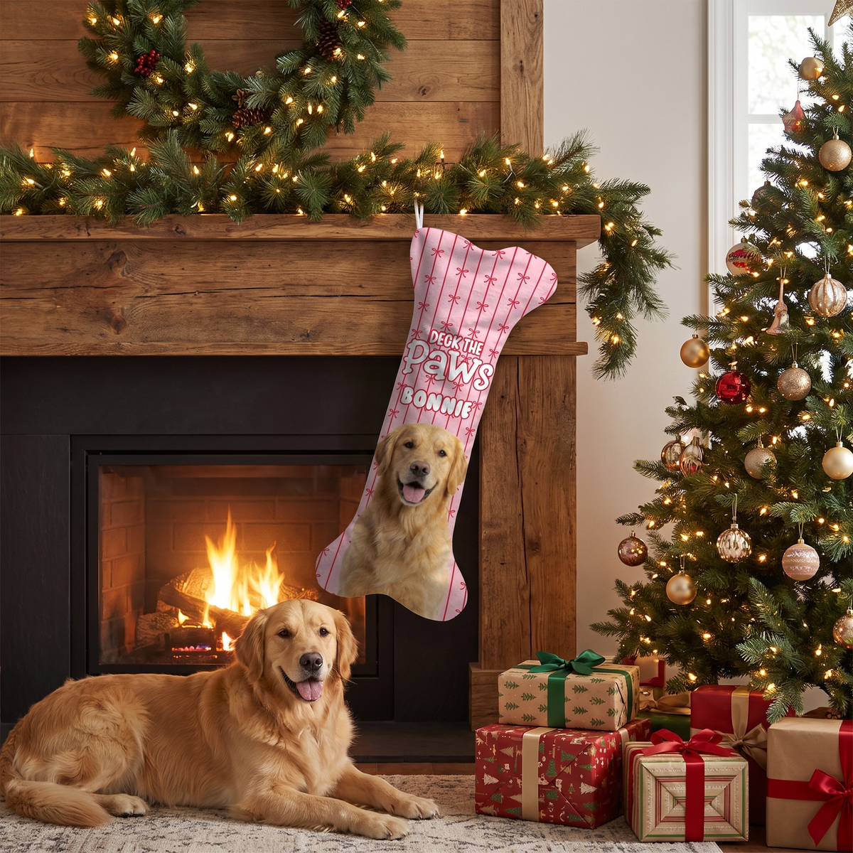 Personalized Deck The Paws Pinstripe dog bone Christmas stocking, view 4