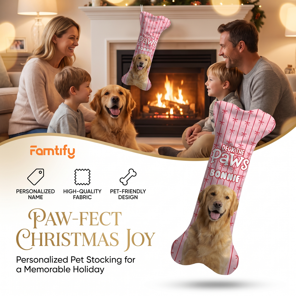 Personalized Deck The Paws Pinstripe dog bone Christmas stocking, view 6
