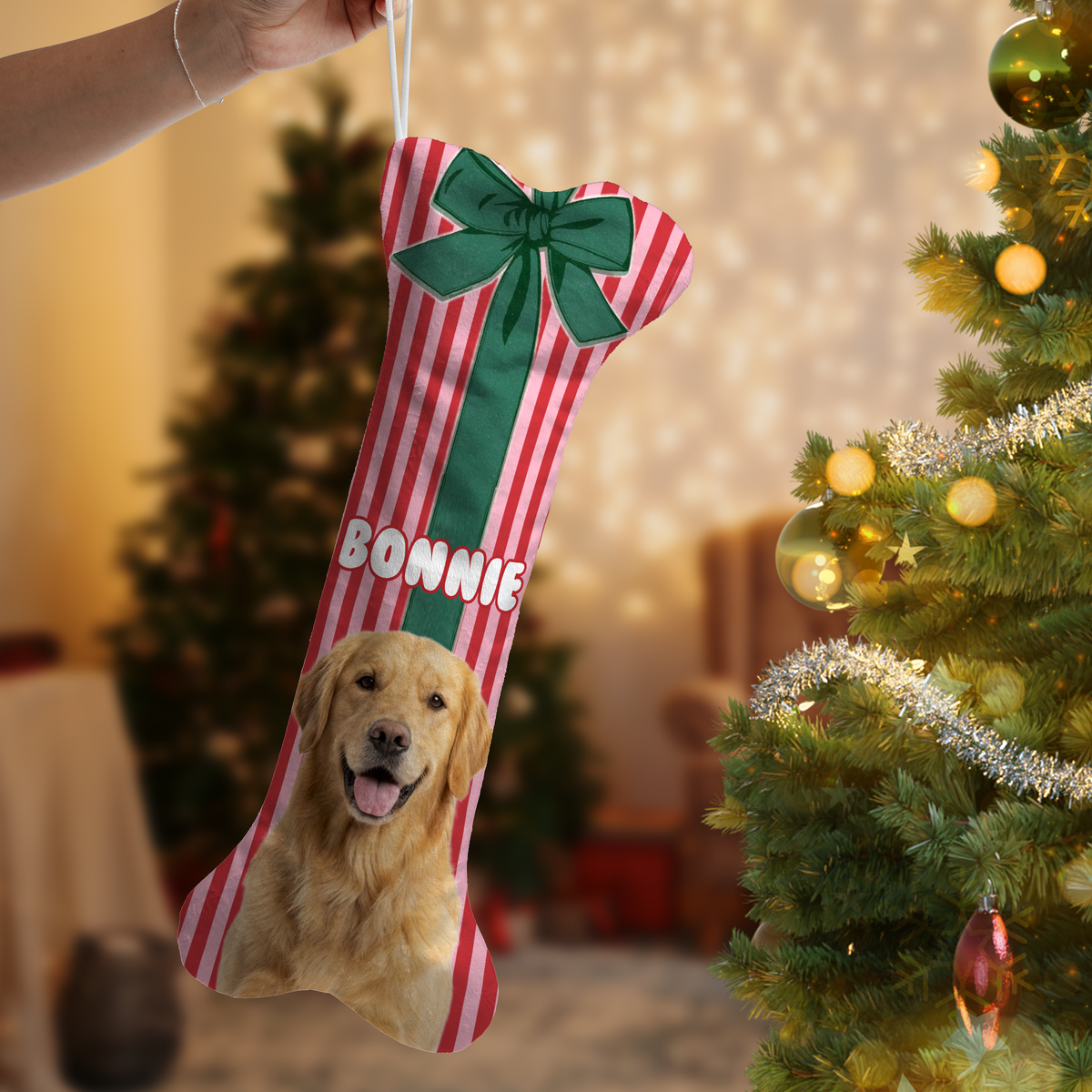 Personalized Gift Wrap Ribbon Bow dog bone Christmas stocking with custom dog photo and name