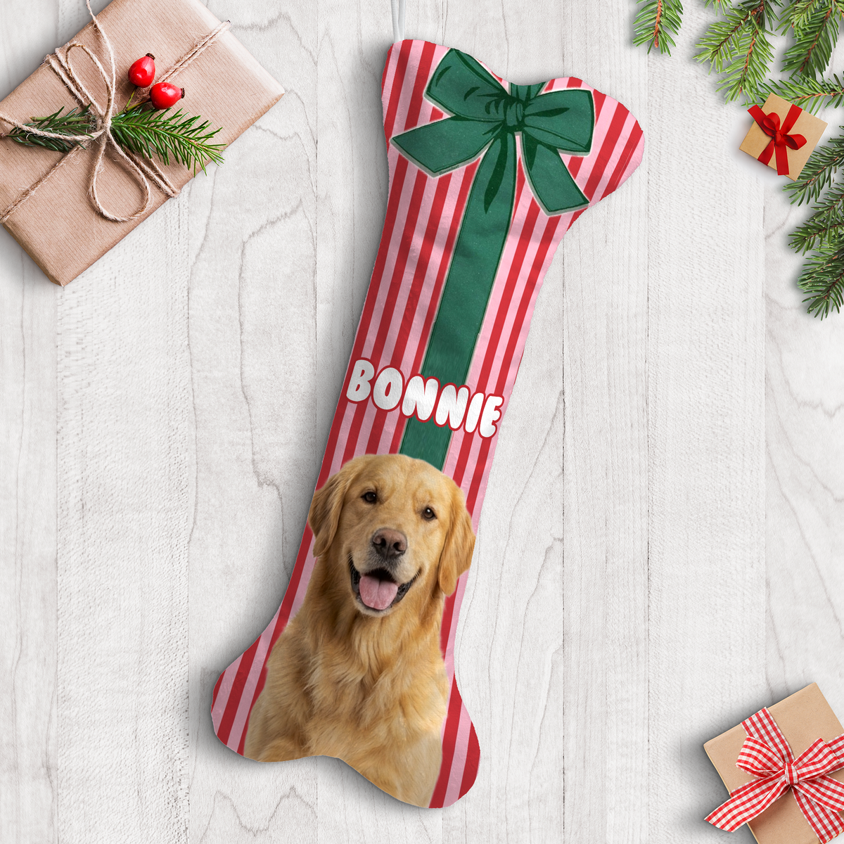Personalized Gift Wrap Ribbon Bow dog bone Christmas stocking, view 2