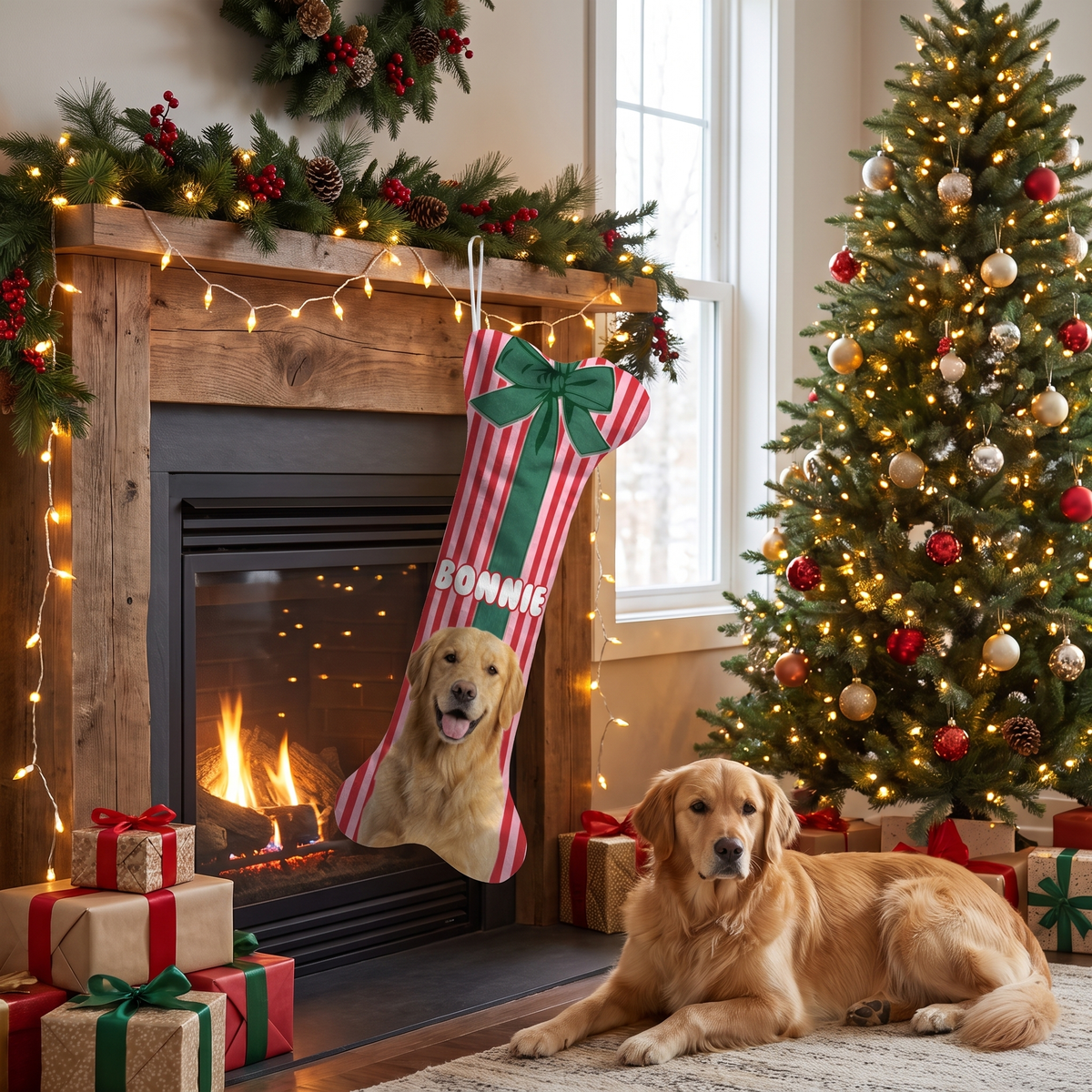 Personalized Gift Wrap Ribbon Bow dog bone Christmas stocking, view 4