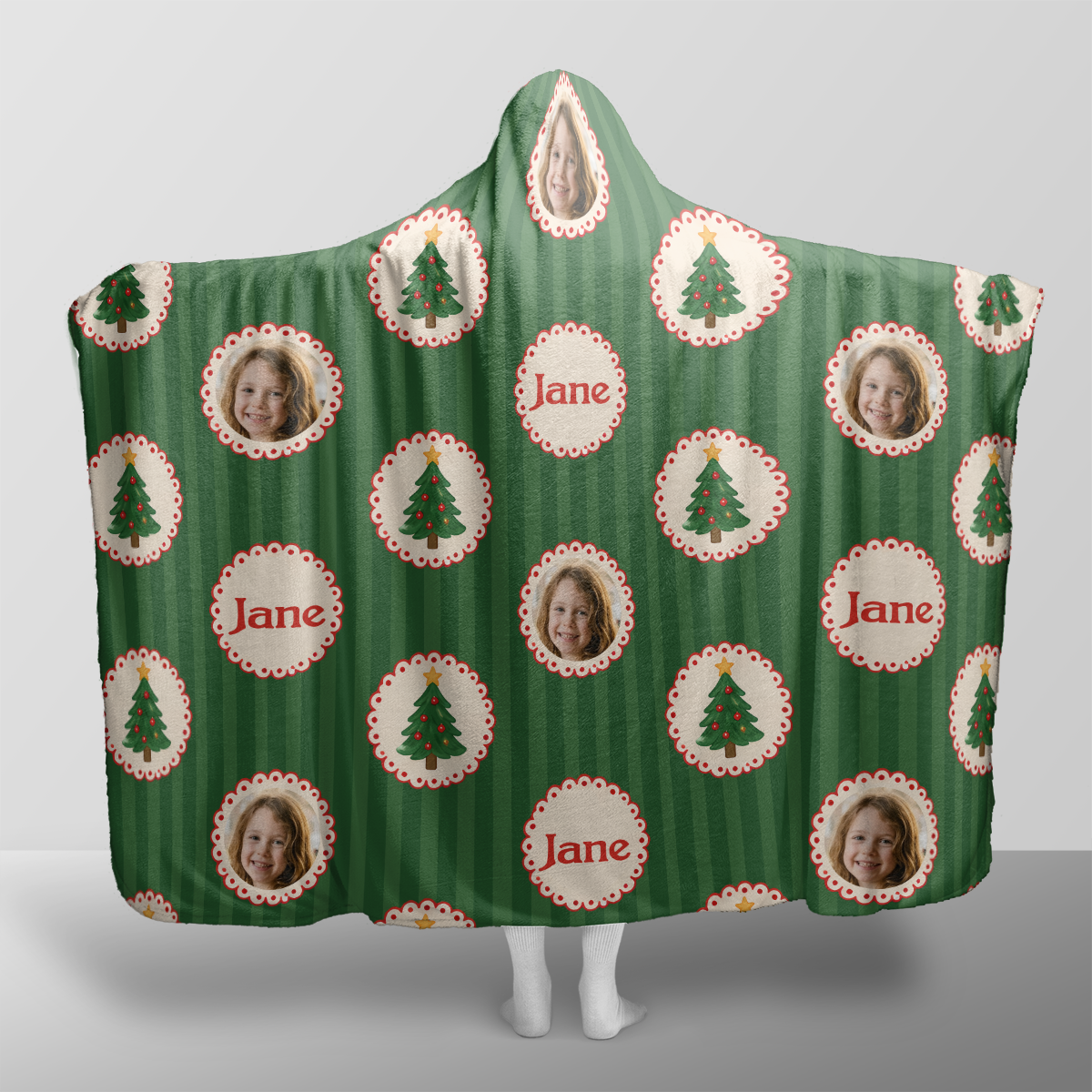 Personalized custom photo Christmas tree ornament hooded blanket with custom name, back view