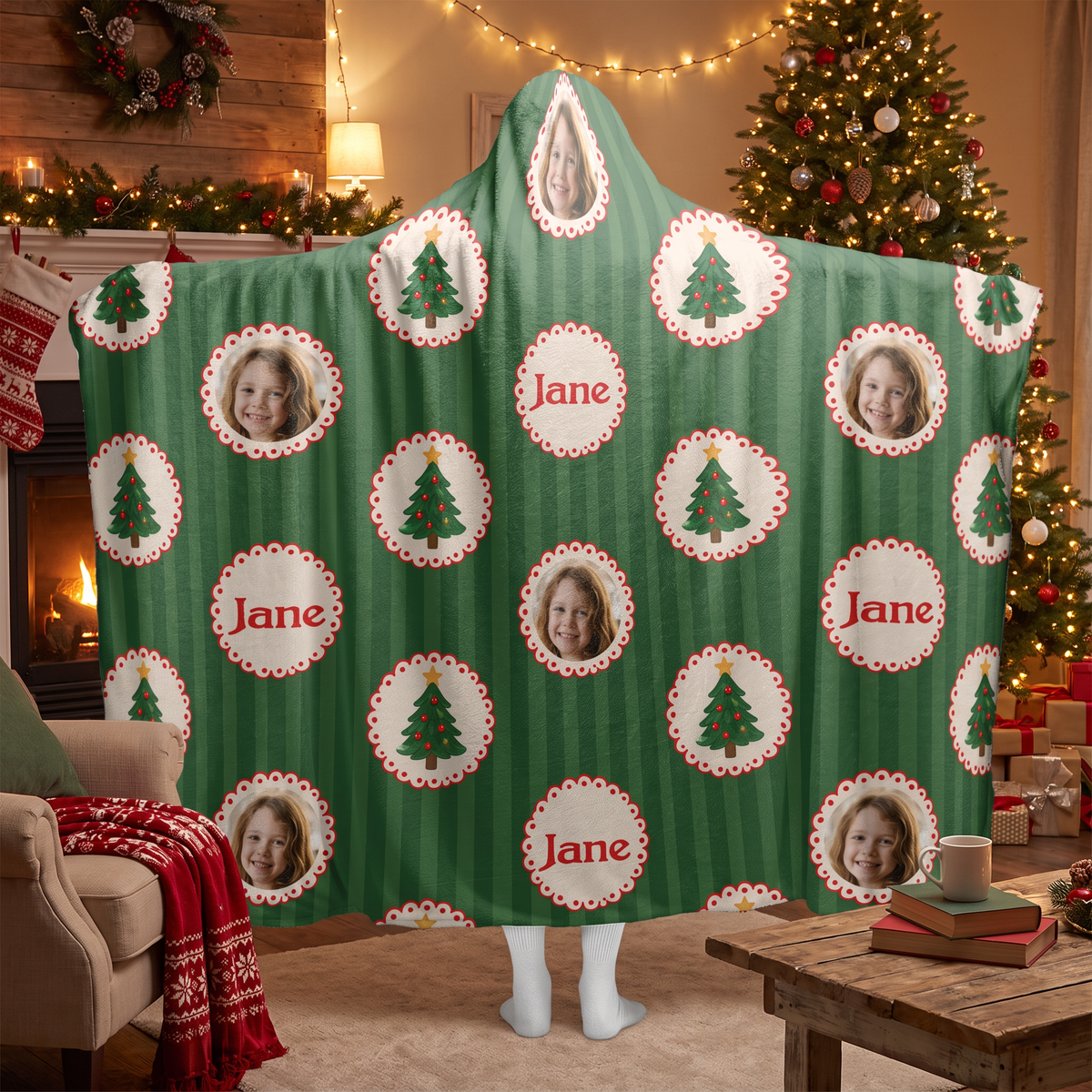Custom name custom photo Christmas tree ornament hooded blanket, view 2