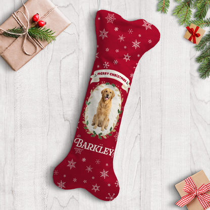 Personalized Merry Christmas Snowflake Oval dog bone Christmas stocking with custom dog photo and name