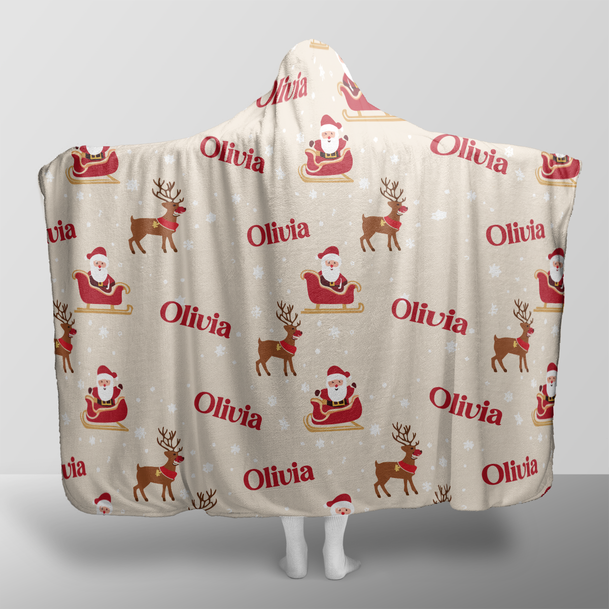 Personalized Santa sleigh reindeer pattern Christmas hooded blanket with custom name, back view