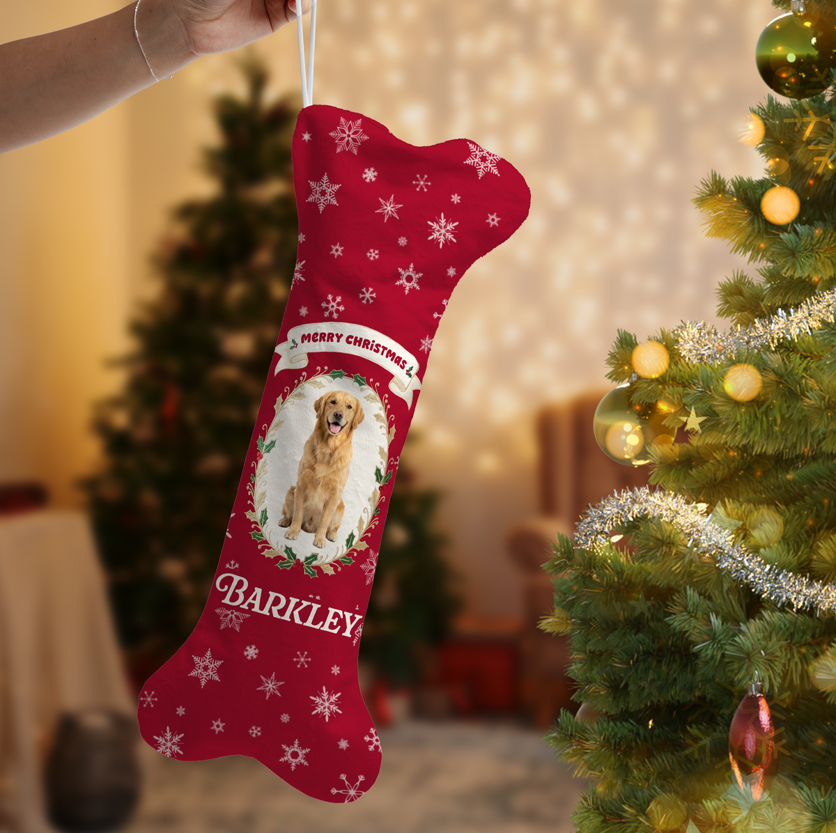 Personalized Merry Christmas Snowflake Oval dog bone Christmas stocking, view 2