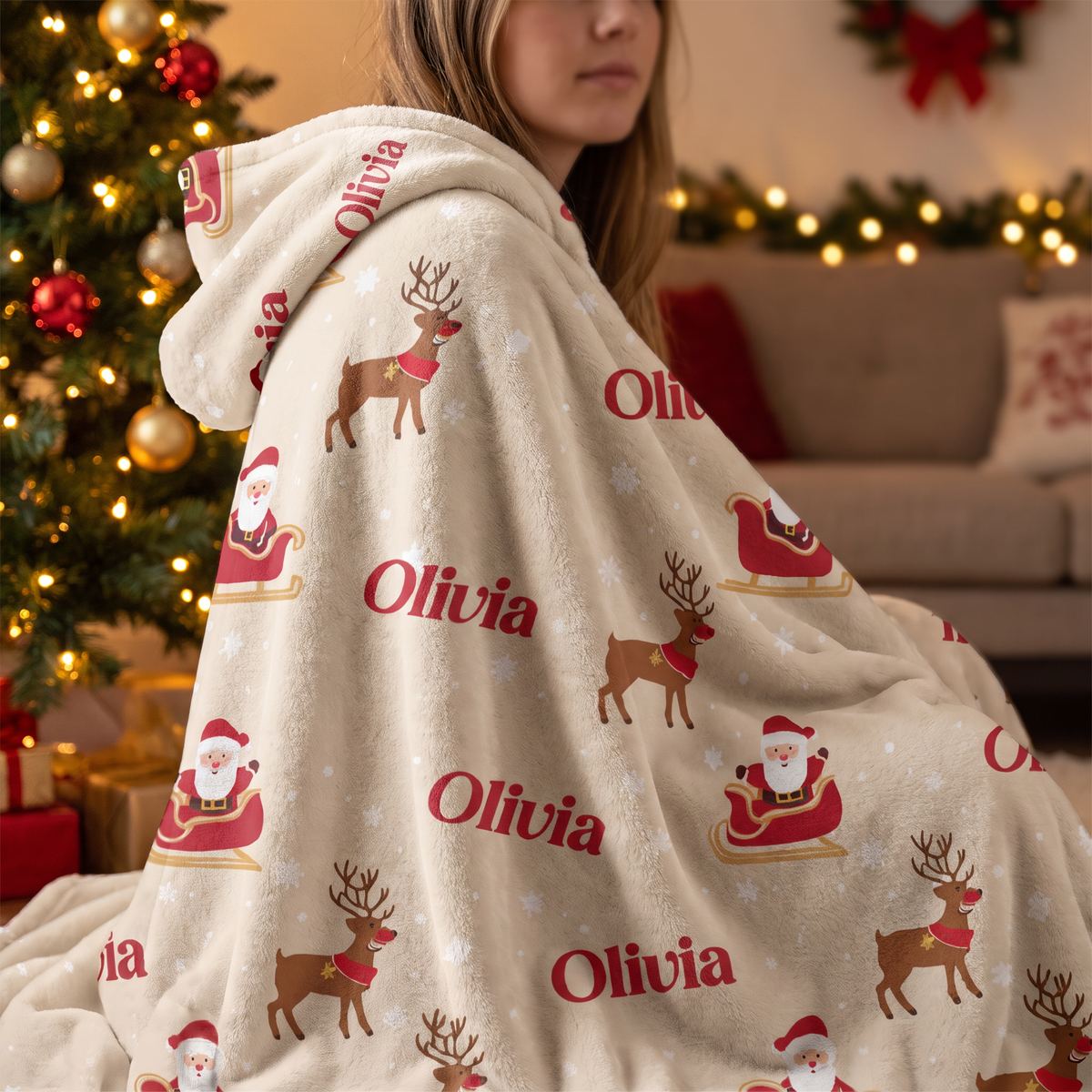 Custom name Santa sleigh reindeer pattern Christmas hooded blanket, view 2