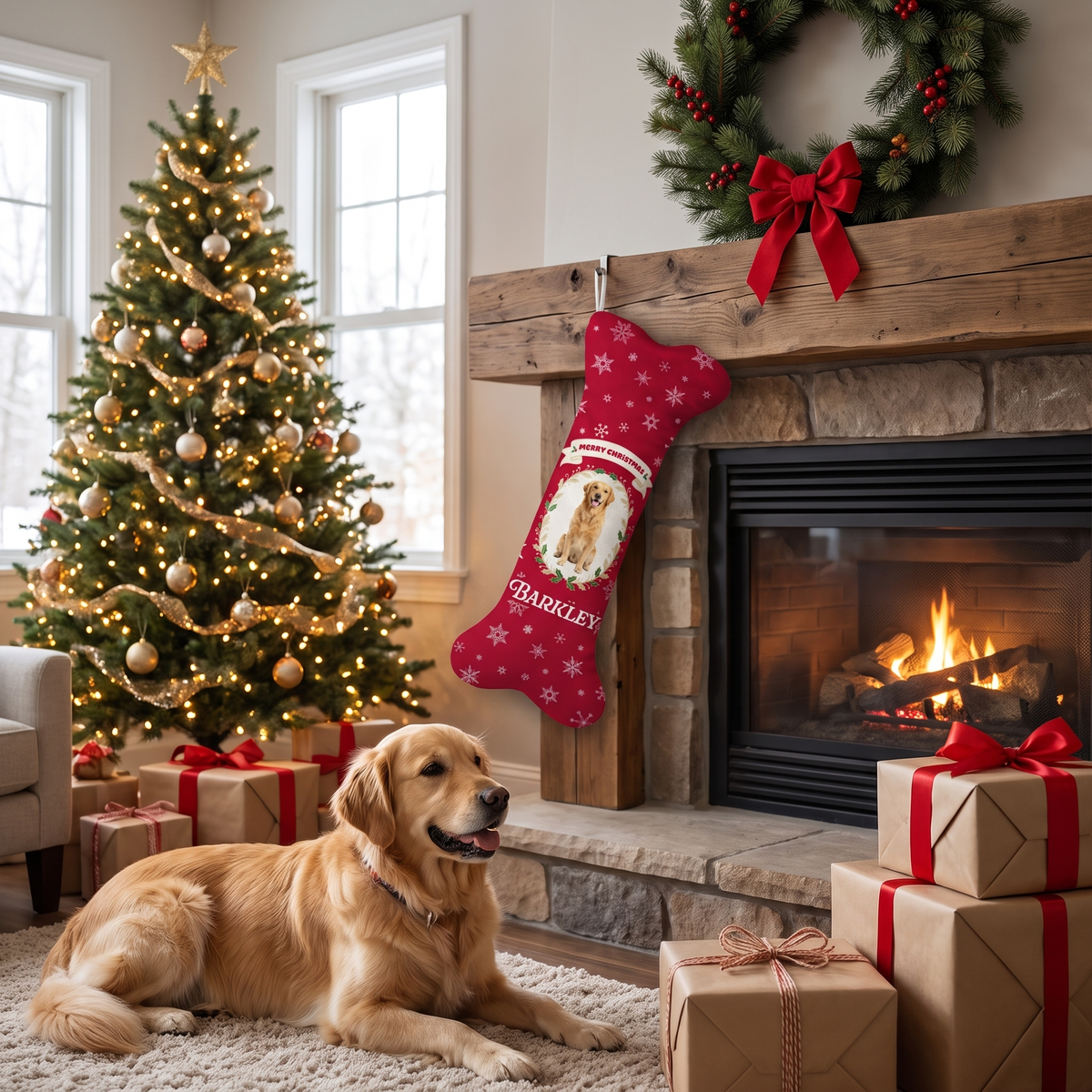 Personalized Merry Christmas Snowflake Oval dog bone Christmas stocking, view 3