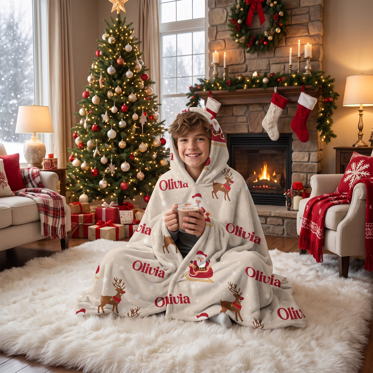Custom name Santa sleigh reindeer pattern Christmas hooded blanket, view 3