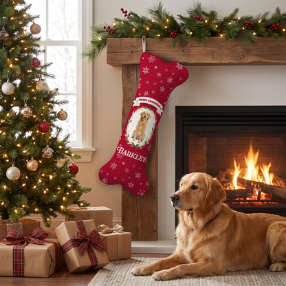 Personalized Merry Christmas Snowflake Oval dog bone Christmas stocking, view 4