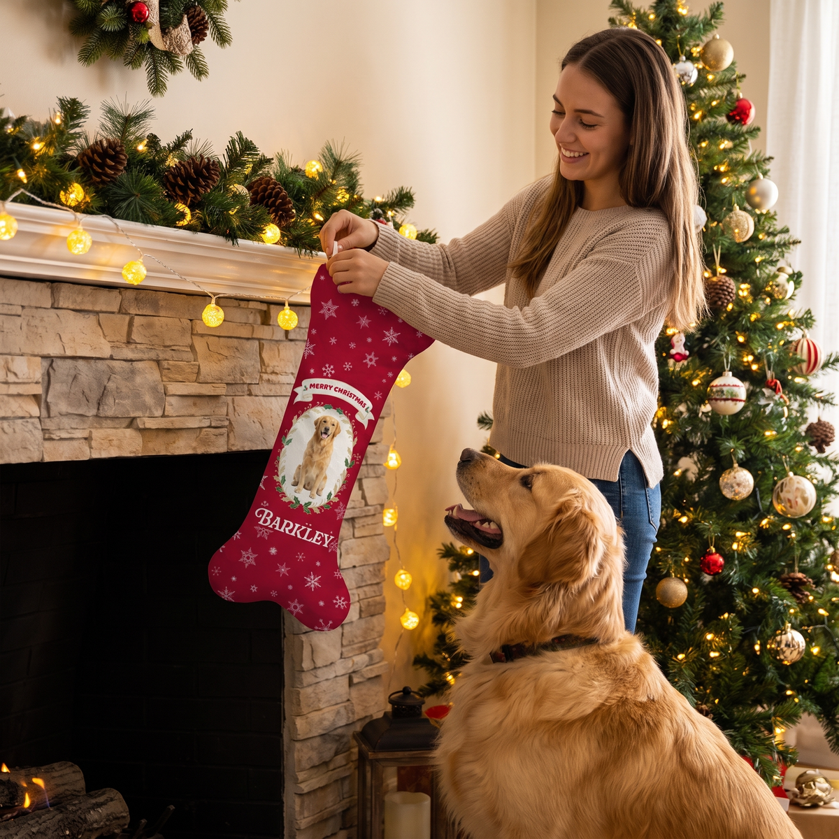 Personalized Merry Christmas Snowflake Oval dog bone Christmas stocking, view 5