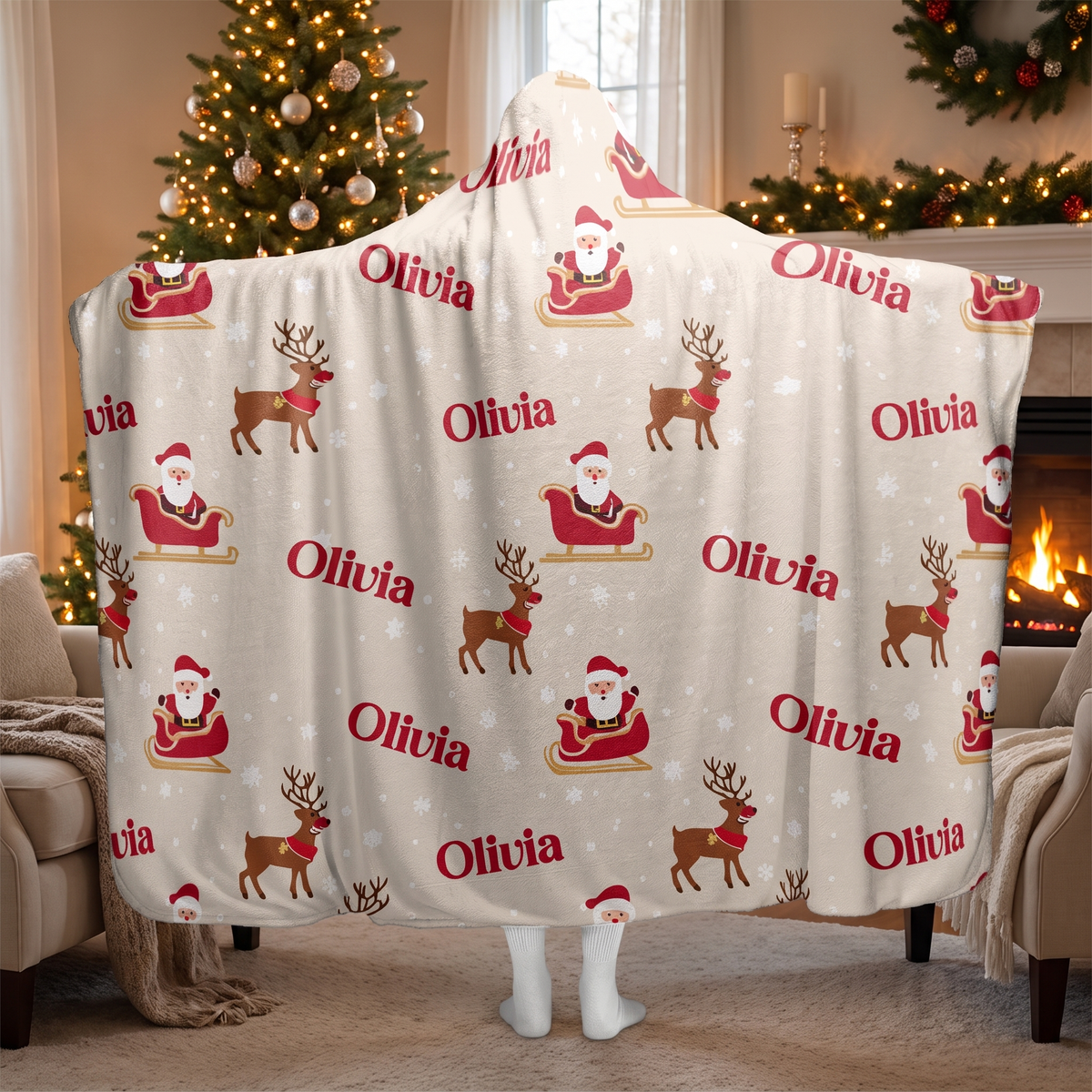 Custom name Santa sleigh reindeer pattern Christmas hooded blanket, view 5
