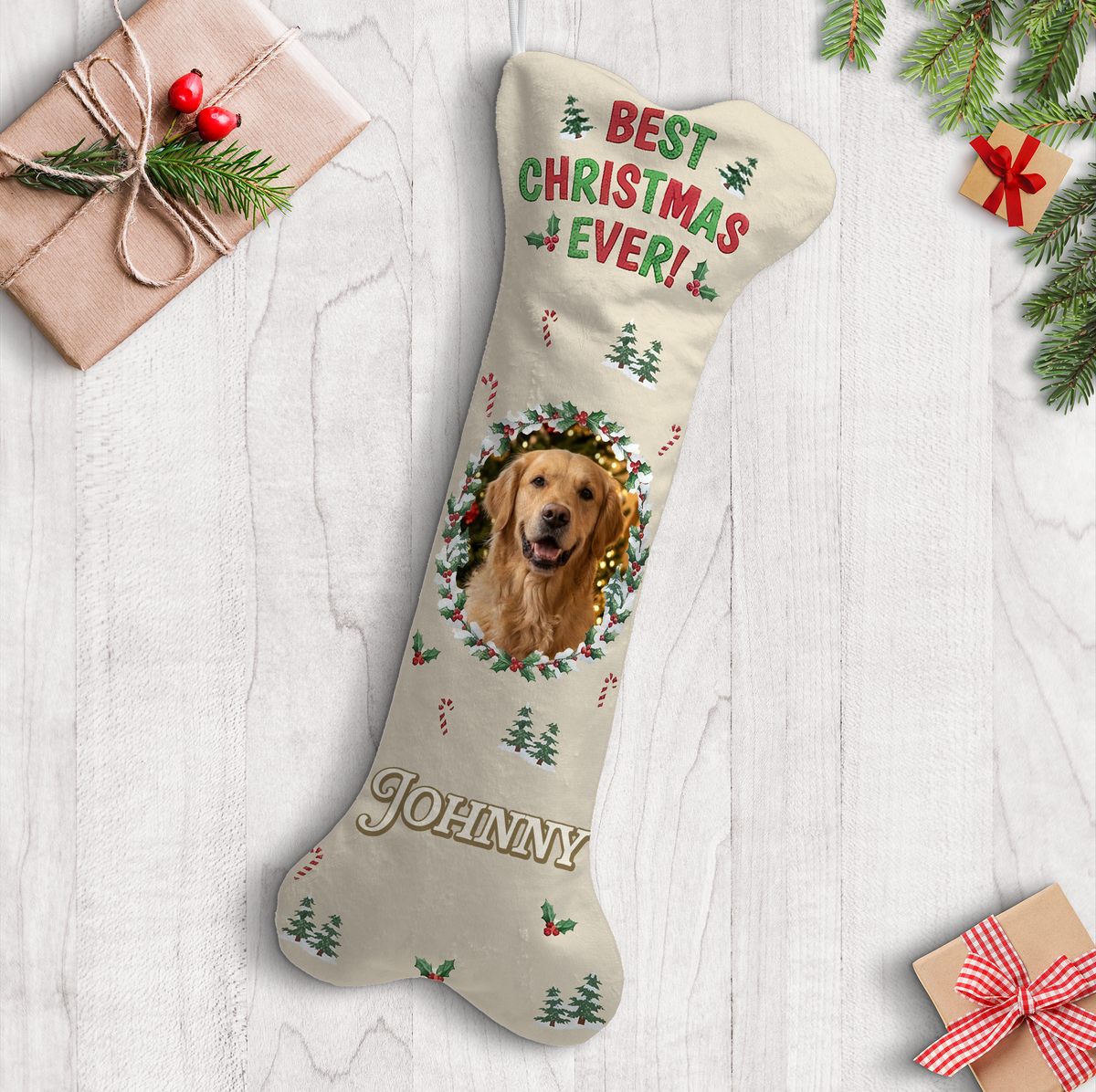 Personalized Best Christmas Ever dog bone Christmas stocking with custom dog photo and name