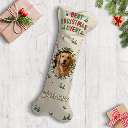 Personalized Best Christmas Ever dog bone Christmas stocking with custom dog photo and name