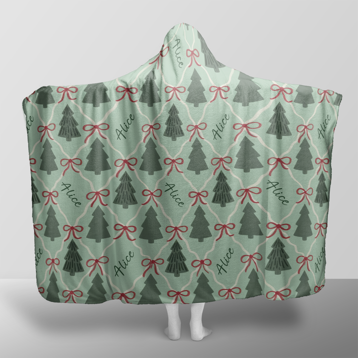 Personalized Christmas tree ribbon bow lattice hooded blanket with custom name, back view