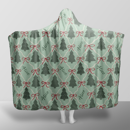 Personalized Christmas tree ribbon bow lattice hooded blanket with custom name, back view