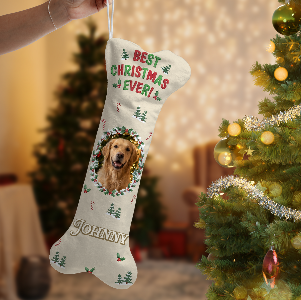 Personalized Best Christmas Ever dog bone Christmas stocking, view 2