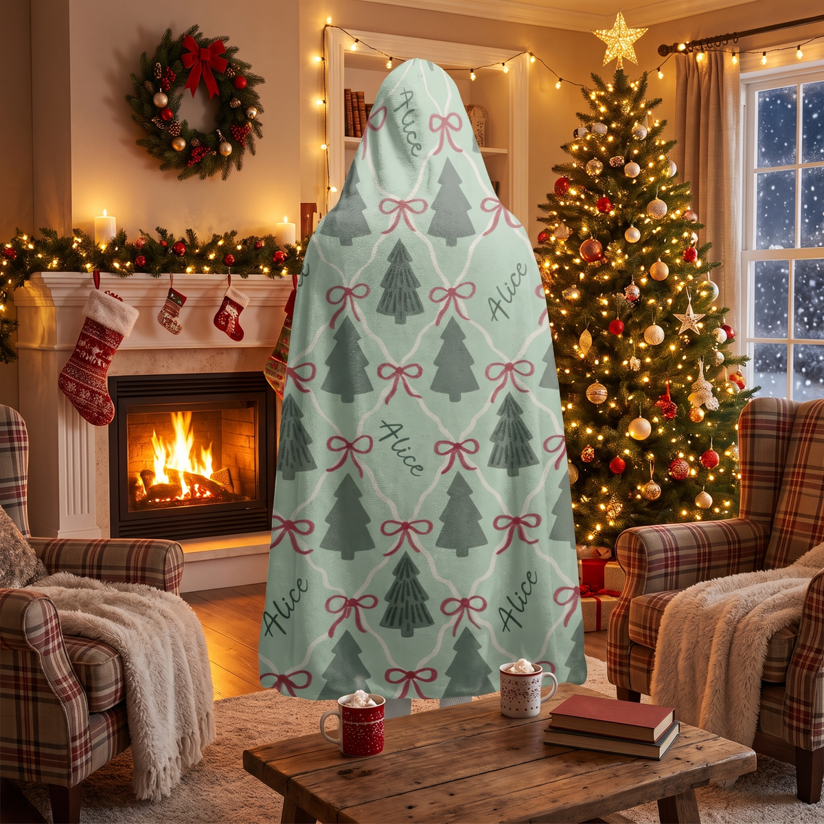 Custom name Christmas tree ribbon bow lattice hooded blanket, view 2