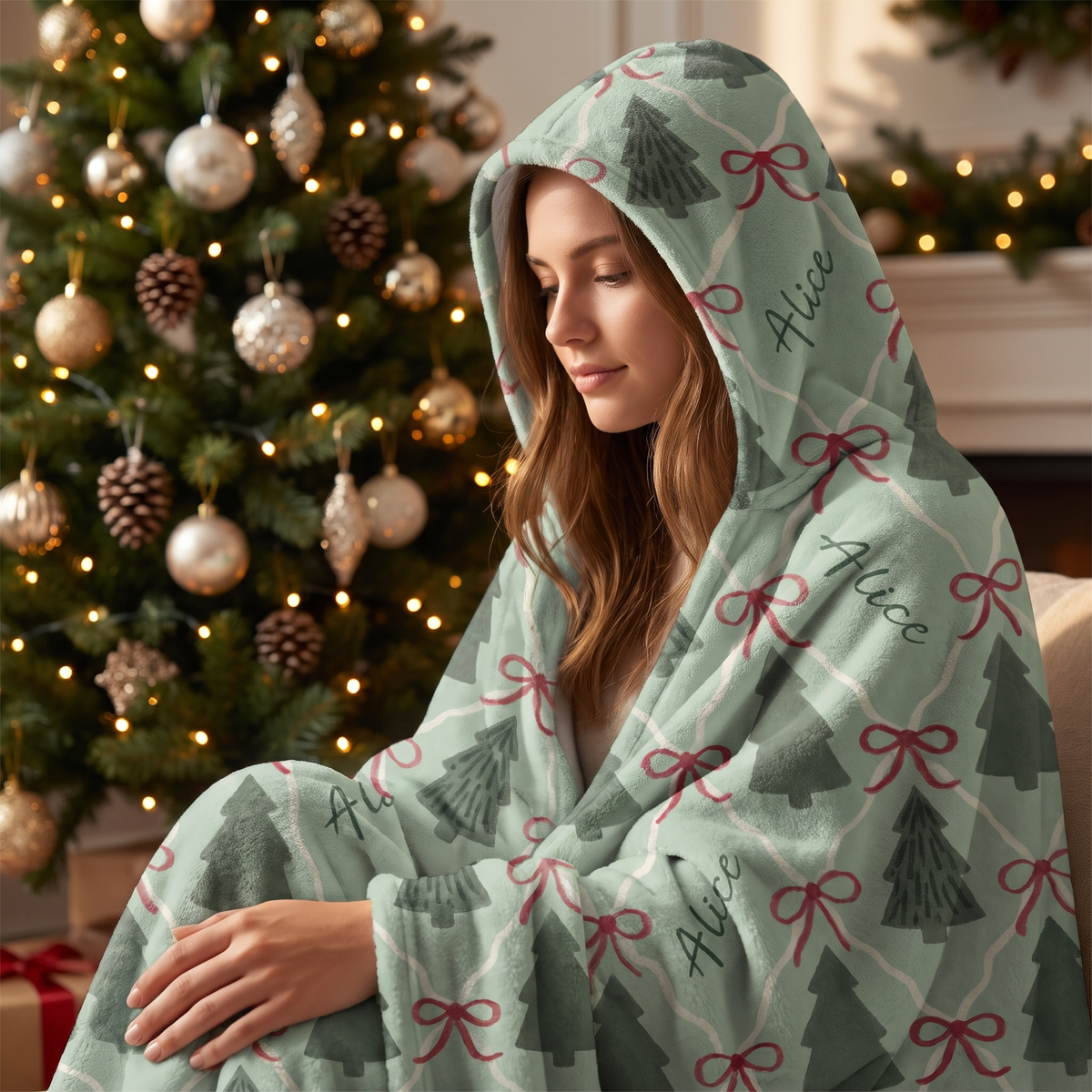 Custom name Christmas tree ribbon bow lattice hooded blanket, view 3