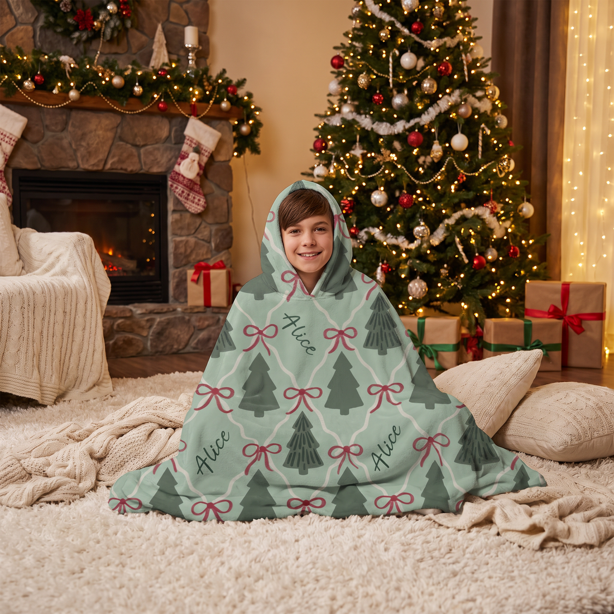 Custom name Christmas tree ribbon bow lattice hooded blanket, view 4