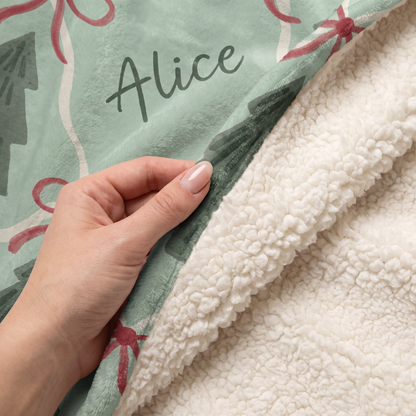 Custom name Christmas tree ribbon bow lattice hooded blanket, view 5