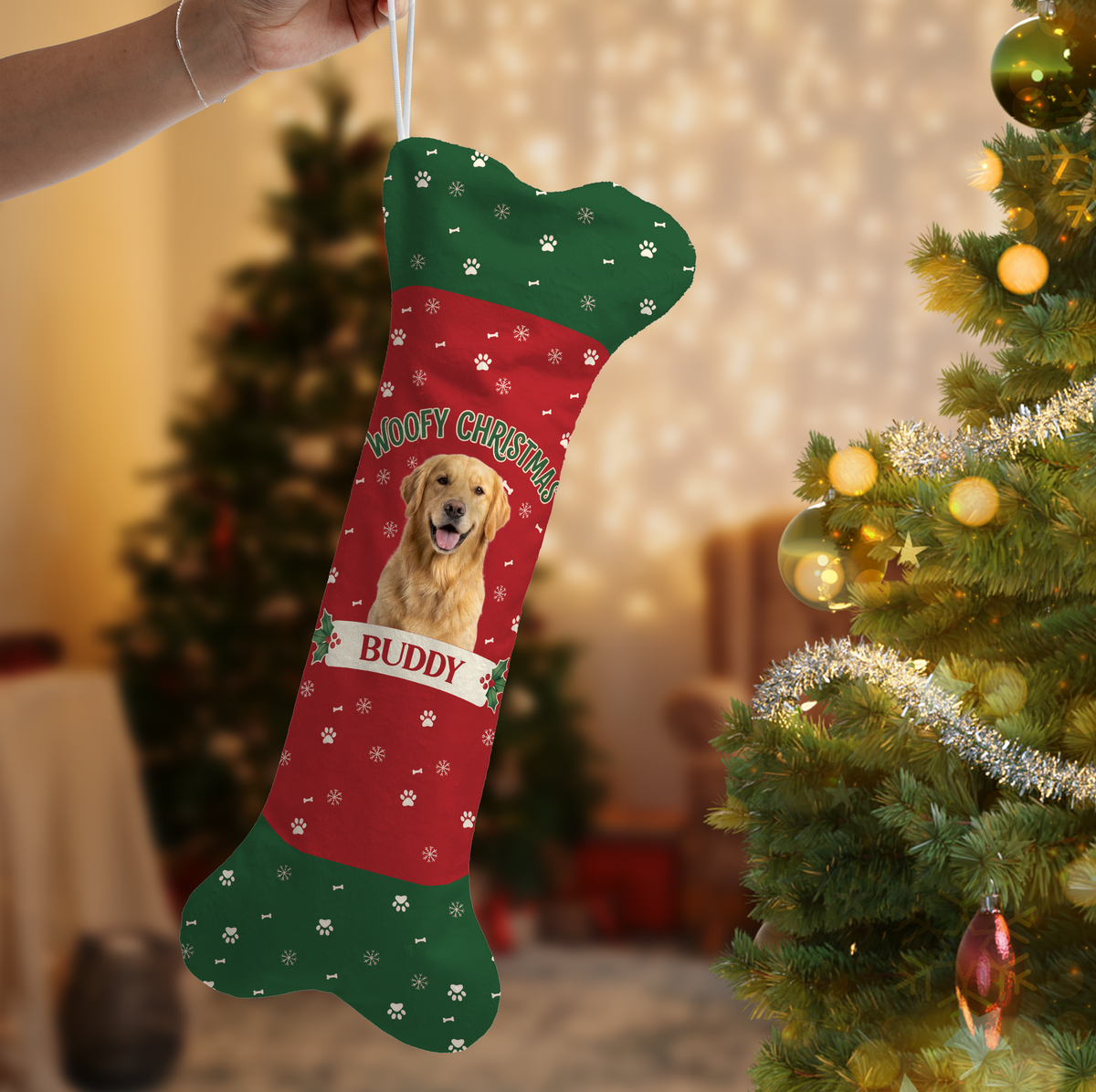 Personalized Woofy Christmas Paw Print dog bone Christmas stocking with custom dog photo and name