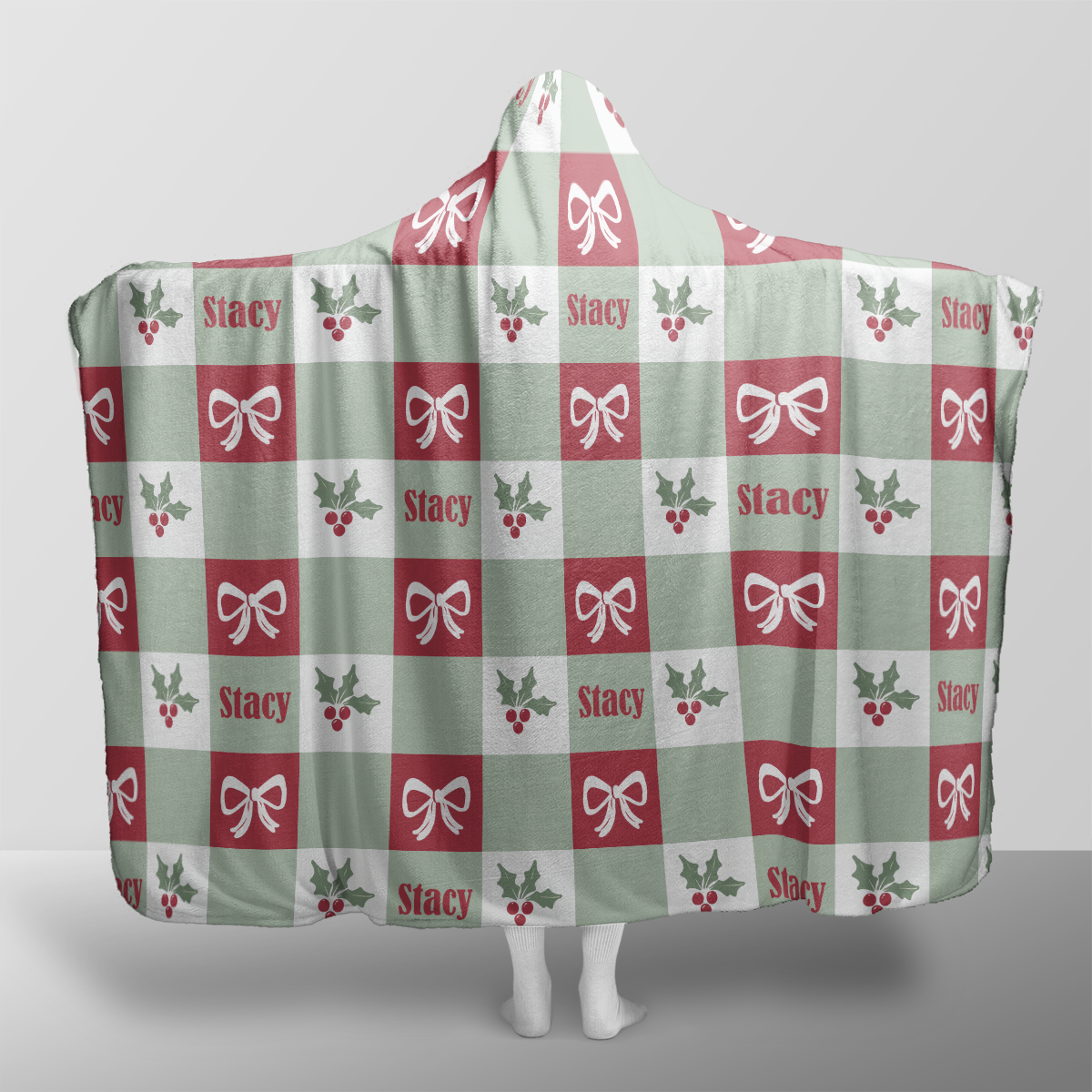 Personalized holly bow gingham check Christmas hooded blanket with custom name, back view