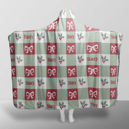 Personalized holly bow gingham check Christmas hooded blanket with custom name, back view