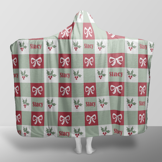 Personalized holly bow gingham check Christmas hooded blanket with custom name, back view