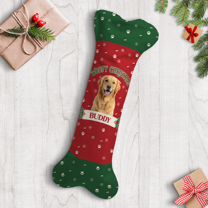 Personalized Woofy Christmas Paw Print dog bone Christmas stocking, view 2