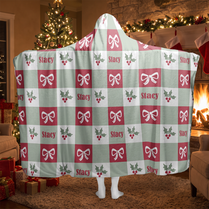 Custom name holly bow gingham check Christmas hooded blanket, view 2