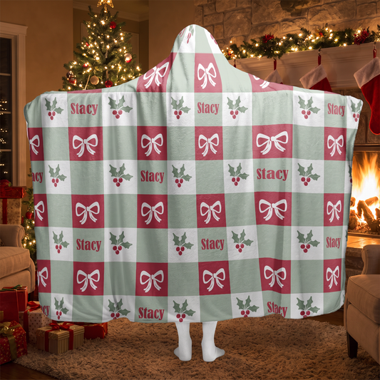 Custom name holly bow gingham check Christmas hooded blanket, view 2