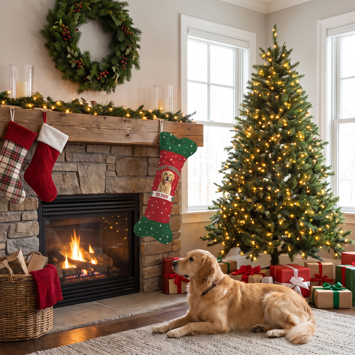 Personalized Woofy Christmas Paw Print dog bone Christmas stocking, view 3