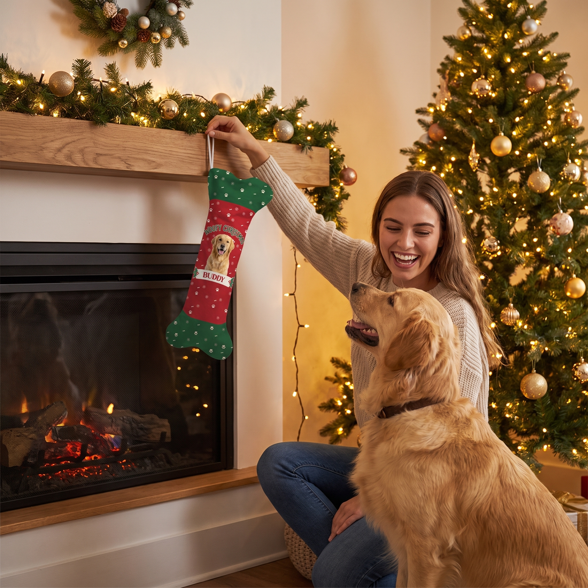 Personalized Woofy Christmas Paw Print dog bone Christmas stocking, view 5