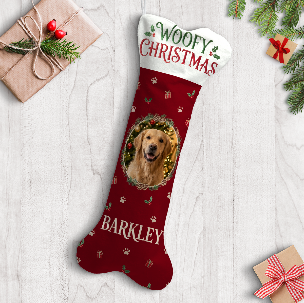 Personalized Woofy Christmas Wreath dog bone Christmas stocking with custom dog photo and name