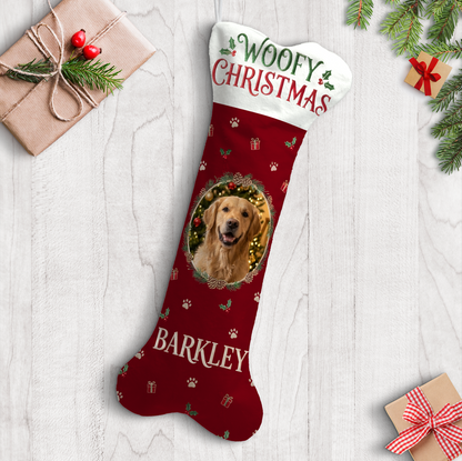 Personalized Woofy Christmas Wreath dog bone Christmas stocking with custom dog photo and name