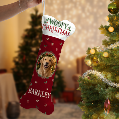 Personalized Woofy Christmas Wreath dog bone Christmas stocking, view 2
