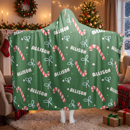 Custom name candy cane bow pattern Christmas hooded blanket, view 2