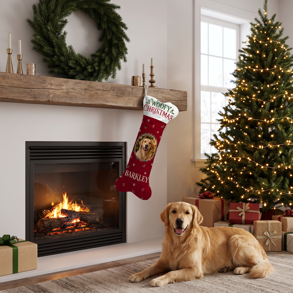Personalized Woofy Christmas Wreath dog bone Christmas stocking, view 3