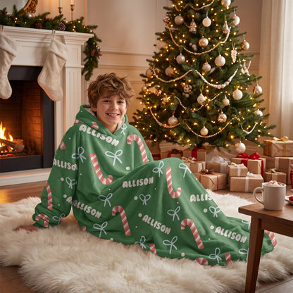 Custom name candy cane bow pattern Christmas hooded blanket, view 3